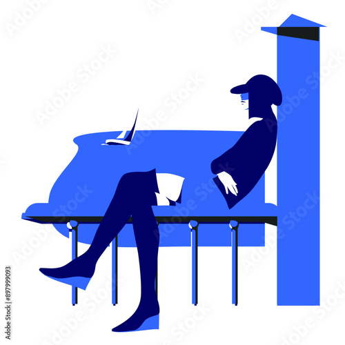 Woman sitting on the railing by water and dreaming