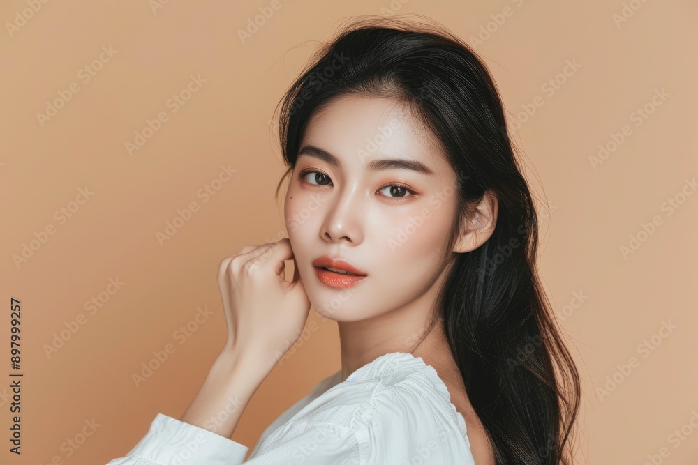Beautiful young Asian long hair woman in white clothes with Korean style makeup on her face and perfect skin on an isolated beige background. Facial care, cosmetology, plastic surgery - generative ai Beautiful young Asian long hair woman in white clothes with Korean style makeup on her face and perfect skin on an isolated beige background. Facial care, cosmetology, plastic surgery - generative ai