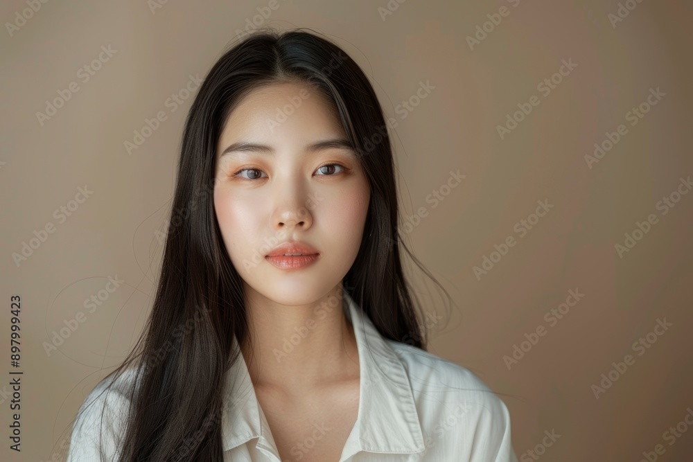 Beautiful young Asian long hair woman in white clothes with Korean style makeup on her face and perfect skin on an isolated beige background. Facial care, cosmetology, plastic surgery - generative ai Beautiful young Asian long hair woman in white clothes with Korean style makeup on her face and perfect skin on an isolated beige background. Facial care, cosmetology, plastic surgery - generative ai