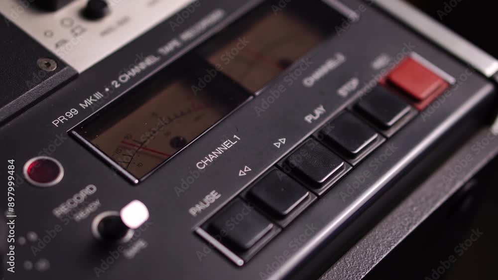 Audio Recording Stereo Levels, VU Meter of Professional Magnetophone, Reel to Reel Tape Recorder Audio Recording Stereo Levels, VU Meter of Professional Magnetophone, Reel to Reel Tape Recorder