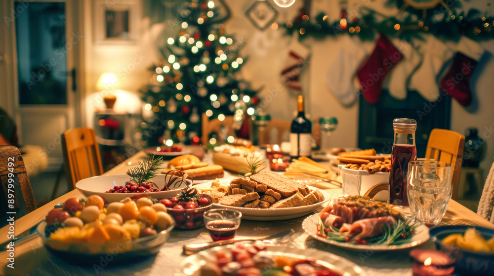 A table laden with Christmas dinner delights, from appetizers to desserts, awaits a solitary diner. A sparkling Christmas tree fills the background A table laden with Christmas dinner delights, from appetizers to desserts, awaits a solitary diner. A sparkling Christmas tree fills the background