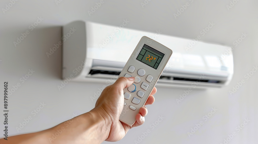 A hand reaches for the remote control of a wall-mounted air conditioner, adjusting the temperature to 22 degrees Celsius