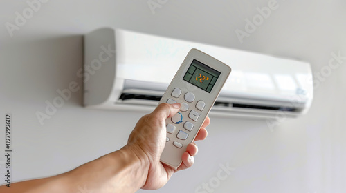 A hand reaches for the remote control of a wall-mounted air conditioner, adjusting the temperature to 22 degrees Celsius photo