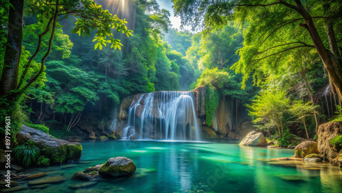 Serene misty forest surroundings with lush green foliage and a picturesque waterfall cascading down a rocky cliff into a tranquil turquoise pool.