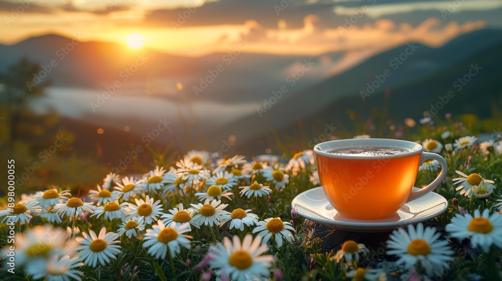 Sunrise tea with daisies - generative ai Sunrise tea with daisies - generative ai