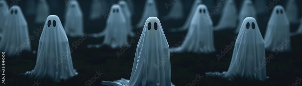 Assorted ghosts drifting through a dark sky, eerie Halloween backdrop, editorial shot, empty copy space for text on side Assorted ghosts drifting through a dark sky, eerie Halloween backdrop, editorial shot, empty copy space for text on side