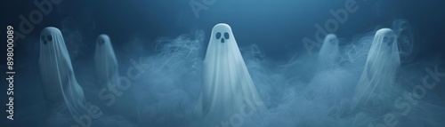 Assorted ghosts drifting through a dark sky, eerie Halloween backdrop, editorial shot, empty copy space for text on side