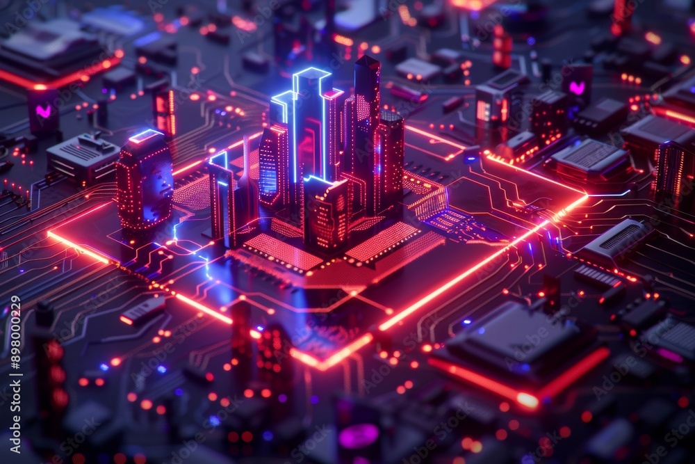 Fototapeta premium A futuristic cityscape intricately built on a microchip, featuring glowing neon pathways.