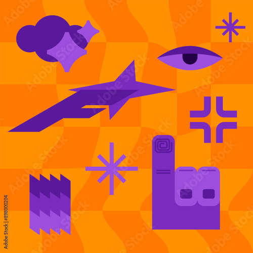 A set of elements in geometric style. Poster in a orange purple palette. Dynamic groove design. Abstract icons. Images of eyes, hands, letters, stars, etc.