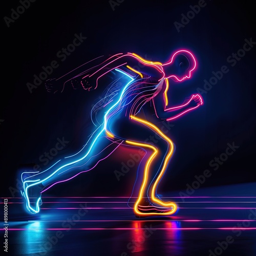 Dynamic Neon Light Effect Vector Illustration of an Athlete Running with Colorful Glow on Black Background, Perfect for Sports-Themed Designs and Advertising to Convey Speed and Vitality © Yi