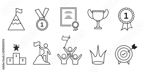 Winning icon set in outline. Trophy cup, Medal, Winner prize icon. Trophy symbol. Victory logo. Set with award, award with number 1, one, trophy cup,