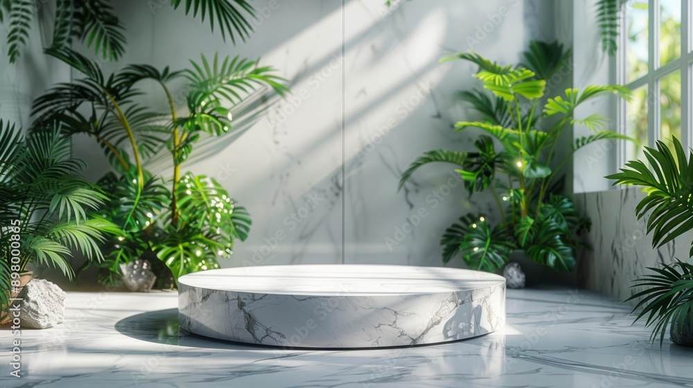 Marble pedestal in lush indoor garden - generative ai Marble pedestal in lush indoor garden - generative ai