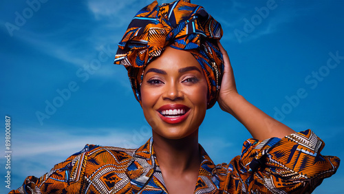 African American Woman with Patterned Headwrap and Traditional Attire