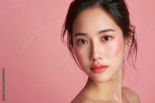 Beautiful young Asian woman with healthy and perfect skin on isolated pink background. Facial and skin care concept for commercial advertising - generative ai