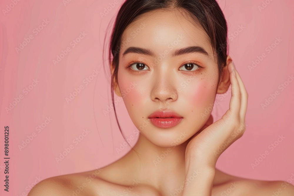 Beautiful young Asian woman with healthy and perfect skin on isolated pink background. Facial and skin care concept for commercial advertising - generative ai Beautiful young Asian woman with healthy and perfect skin on isolated pink background. Facial and skin care concept for commercial advertising - generative ai