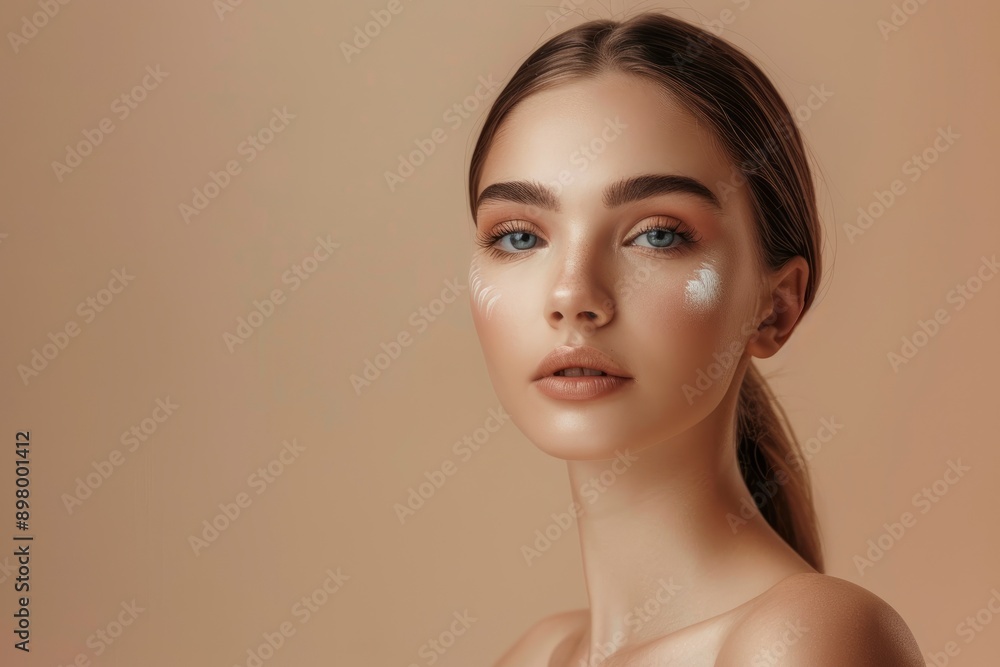 Beautiful young woman with clean fresh skin on beige background, Face care, Facial treatment, Cosmetology, beauty and spa, women portrait - generative ai Beautiful young woman with clean fresh skin on beige background, Face care, Facial treatment, Cosmetology, beauty and spa, women portrait - generative ai