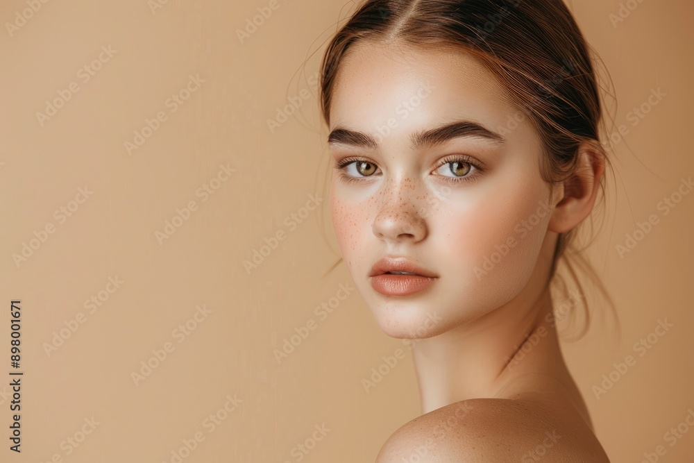 Beautiful young woman with clean fresh skin on beige background, Face care, Facial treatment, Cosmetology, beauty and spa, women portrait - generative ai Beautiful young woman with clean fresh skin on beige background, Face care, Facial treatment, Cosmetology, beauty and spa, women portrait - generative ai