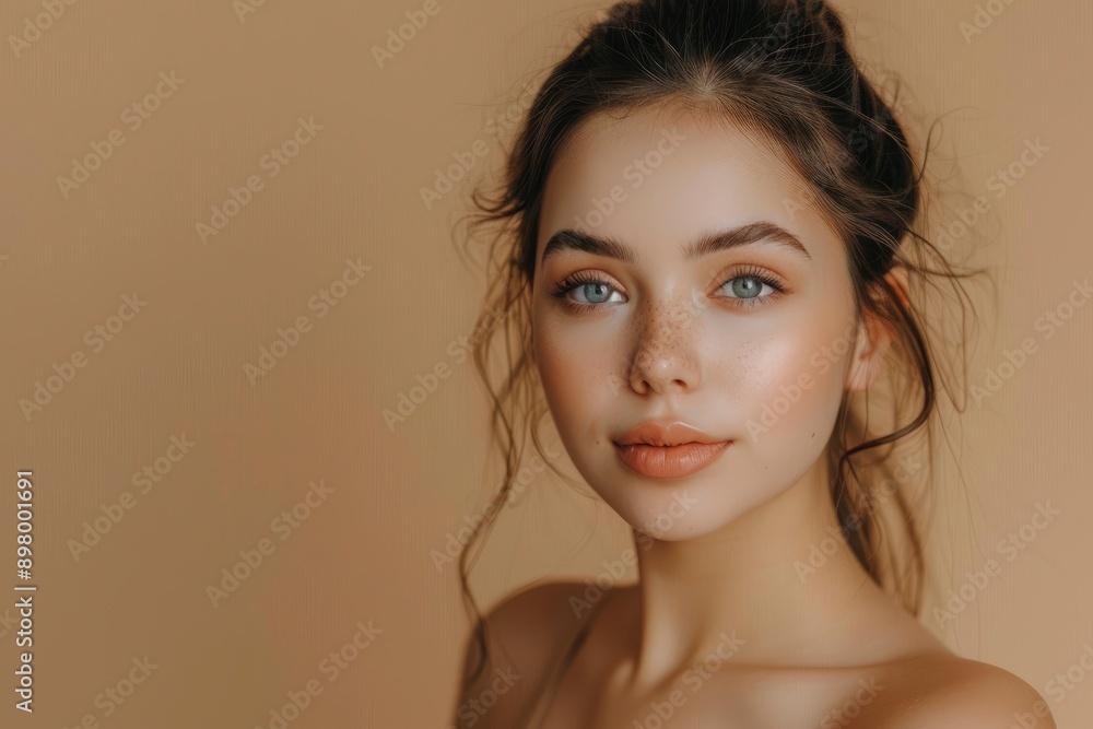 Beautiful young woman with clean fresh skin on beige background, Face care, Facial treatment, Cosmetology, beauty and spa, women portrait - generative ai Beautiful young woman with clean fresh skin on beige background, Face care, Facial treatment, Cosmetology, beauty and spa, women portrait - generative ai