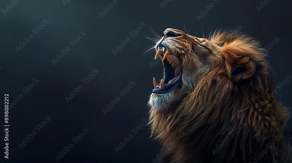 Naklejka premium The majestic lion roars with his mouth wide open,