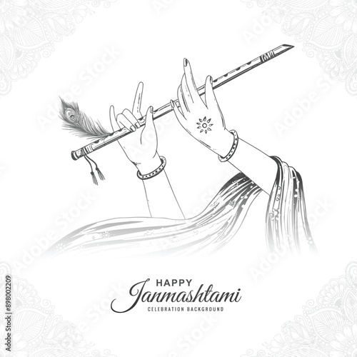 Beautiful happy janmashtami with lord krishna hand playing bansuri sketch festival design