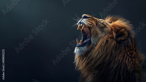 The majestic lion roars with his mouth wide open, photo