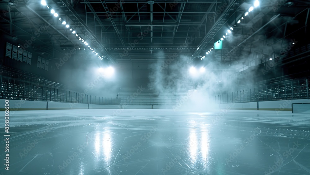 High-Resolution Ice Hockey Rink with Dark Background, Smoke, Fog, and Stadium Lights, Captured in Wide Angle for High Detail and Quality High-Resolution Ice Hockey Rink with Dark Background, Smoke, Fog, and Stadium Lights, Captured in Wide Angle for High Detail and Quality