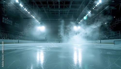 High-Resolution Ice Hockey Rink with Dark Background, Smoke, Fog, and Stadium Lights, Captured in Wide Angle for High Detail and Quality