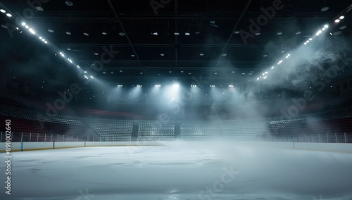 High-Resolution Ice Hockey Rink with Dark Background, Smoke, Fog, and Stadium Lights, Captured in Wide Angle for High Detail and Quality