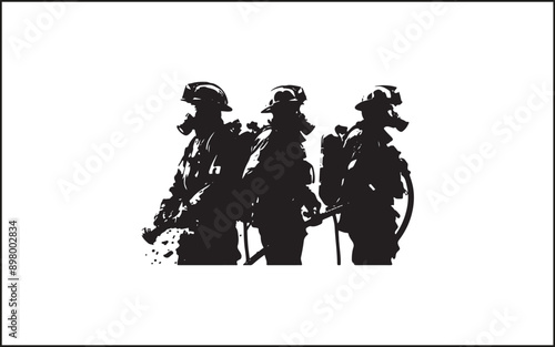 Firefighters group pose silhouette on isolated white background Pro Vector accident, emblem, emergency, firefighters, extinguishing, emergency exit, lifestyles, protective workwear, emergency services