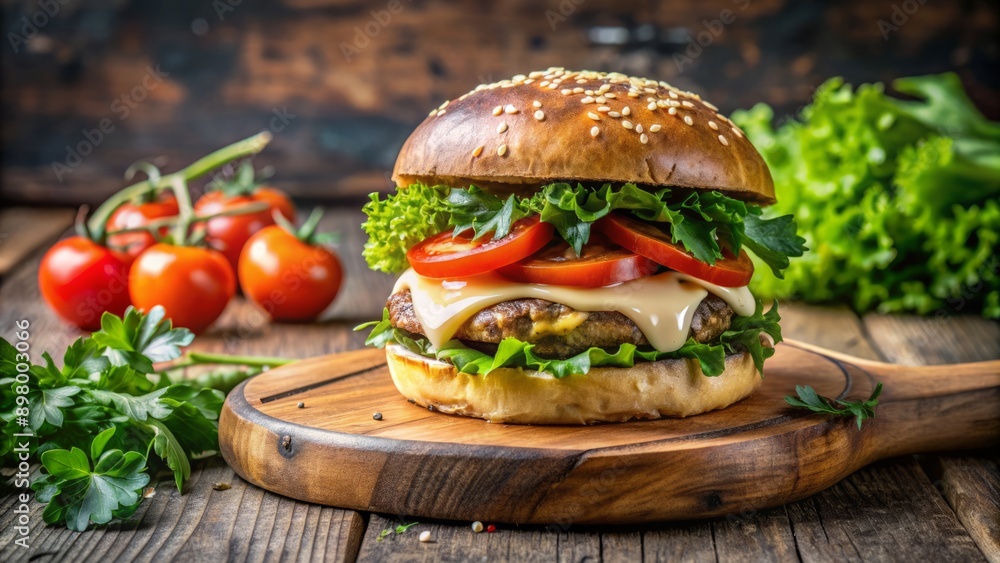 Juicy portobello mushroom burger on toasted bun with melted cheese, lettuce, and tomato, served on wooden board with fresh herbs and vacant space around. Juicy portobello mushroom burger on toasted bun with melted cheese, lettuce, and tomato, served on wooden board with fresh herbs and vacant space around.