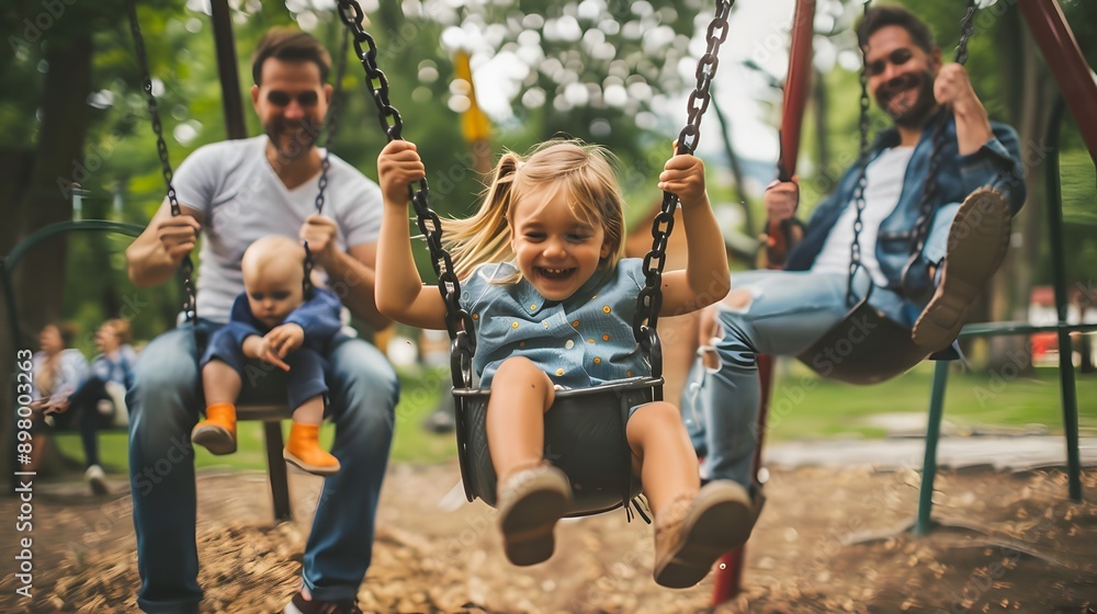 Obraz premium Parents pushing their kids on swings at a playground