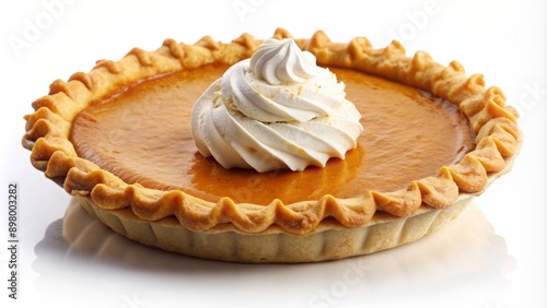 Warmly lit, golden-brown pumpkin pie with whipped cream and crust details, isolated on a pure white transparent background, evoking autumnal and festive feelings.