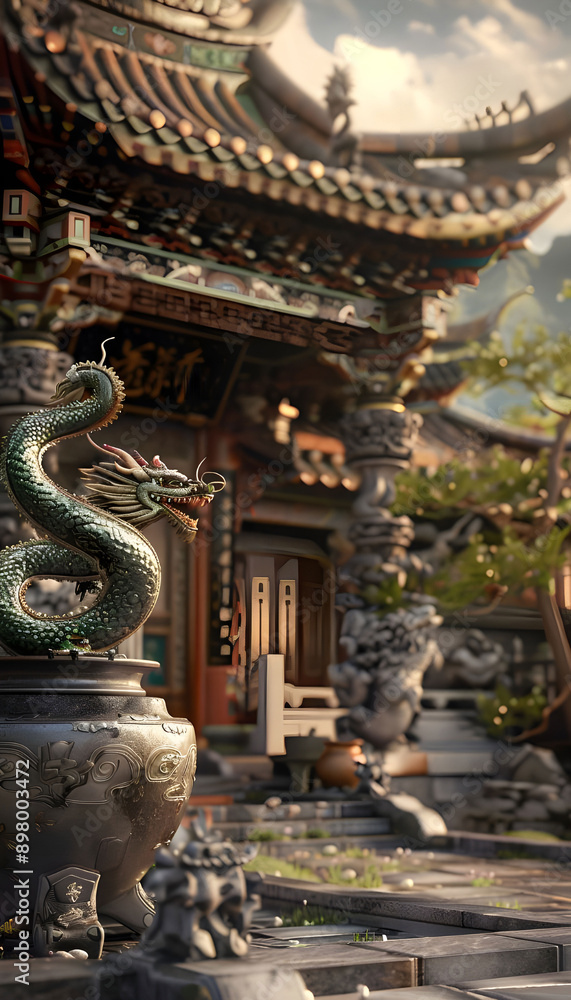 3D rendering of an ancient Chinese temple with a dragon 3D rendering of an ancient Chinese temple with a dragon