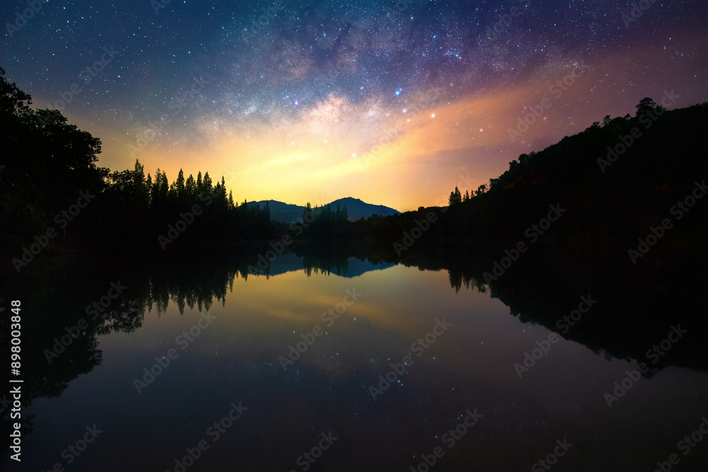Milky way and star reflected in the water, Liwong lake, Songkhla, Thailand Milky way and star reflected in the water, Liwong lake, Songkhla, Thailand