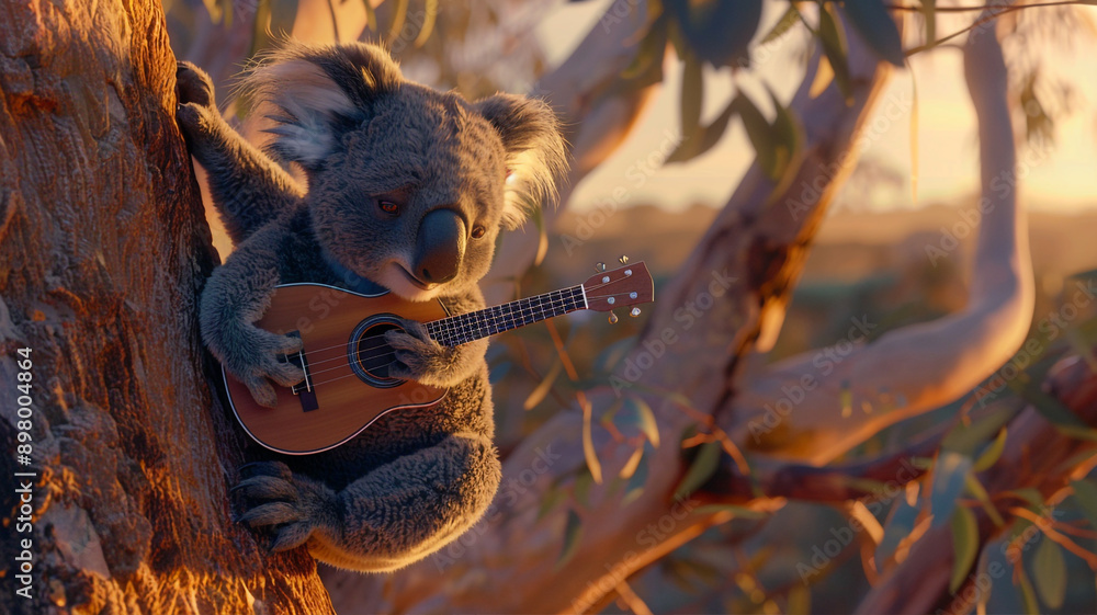 A relaxed koala sitting in a tree, strumming a small guitar with a look of contentment, set against the backdrop A relaxed koala sitting in a tree, strumming a small guitar with a look of contentment, set against the backdrop