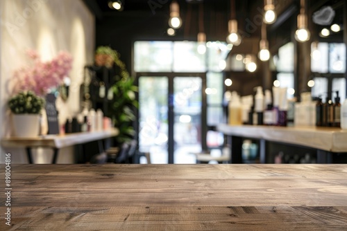 empty brown wooden tabletop for product display on blurred beauty and hair salon interior background - generative ai