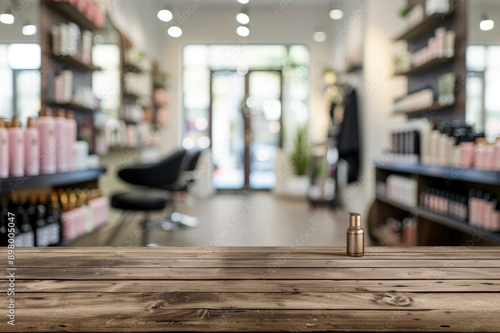 empty brown wooden tabletop for product display on blurred beauty and hair salon interior background - generative ai empty brown wooden tabletop for product display on blurred beauty and hair salon interior background - generative ai