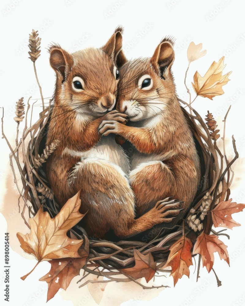Two squirrels cuddling in a nest of leaves, cozy scene, watercolor drawing, isolated on white background Two squirrels cuddling in a nest of leaves, cozy scene, watercolor drawing, isolated on white background