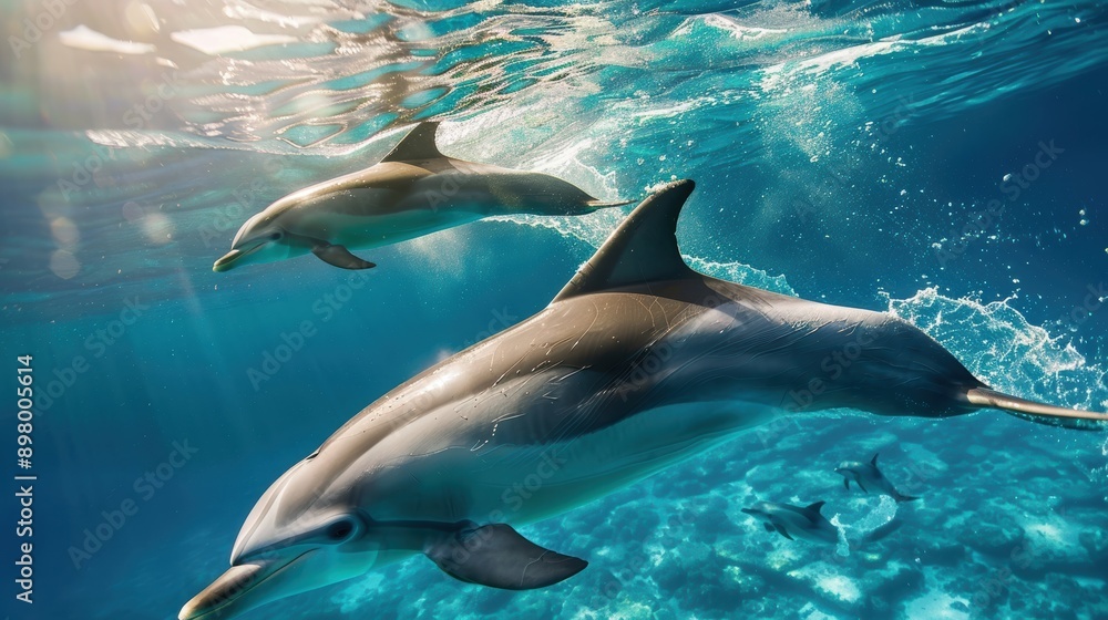 Fototapeta premium Dolphins swimming gracefully underwater, their sleek bodies gliding through the clear blue ocean. The sunlight filtering through the water enhances the beauty of this aquatic scene.