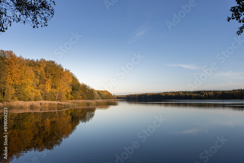 A calm lake with trees in the background