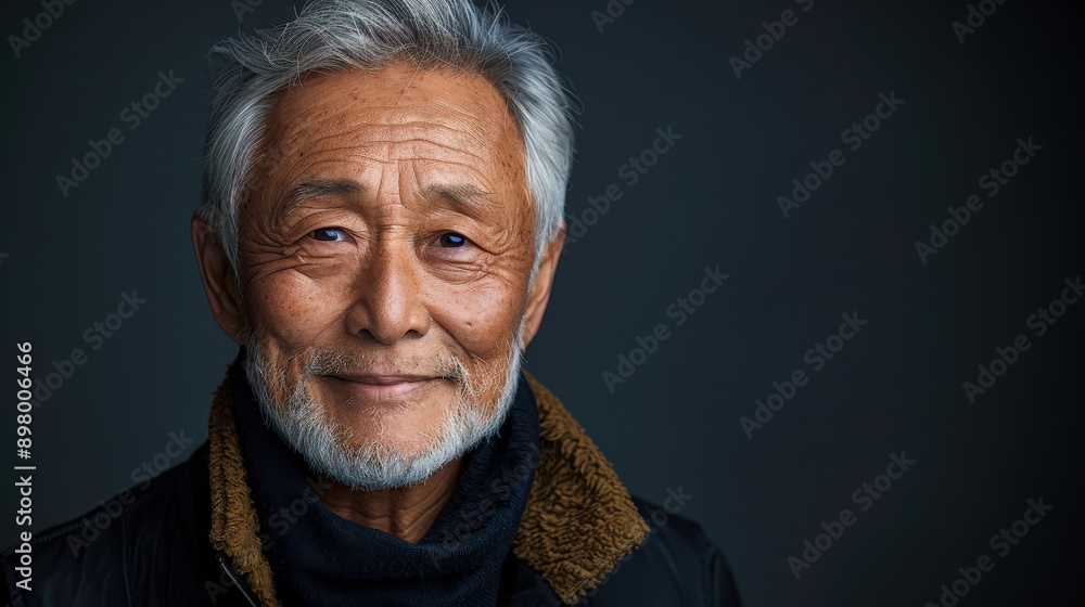Smiling Senior Asian Man with Grey Hair and Beard in Black Jacket on Dark Background, Studio Portrait, Warm and Friendly Expression Smiling Senior Asian Man with Grey Hair and Beard in Black Jacket on Dark Background, Studio Portrait, Warm and Friendly Expression