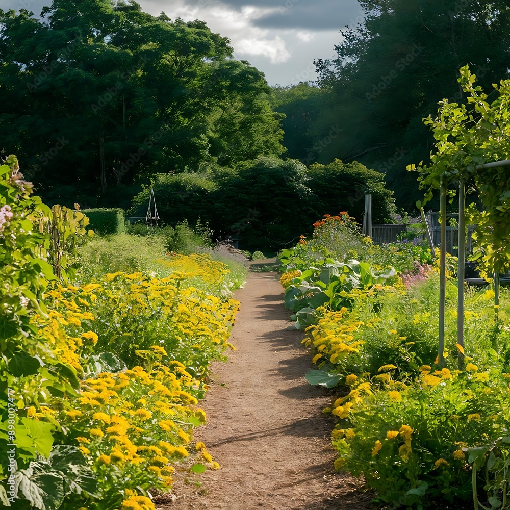 Naklejka premium Envision a well-tended garden in the peak of summer. What flowers and vegetables are thriving, and how does the abundance of lifeand color influence the overall atmosphere