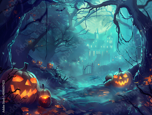 Beautiful festive background for Halloween with pumpkins. Neural network AI generated art