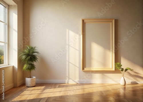 A serene empty room setup features an off-white frame mounted on a matching colored wall, illuminated by warm sunlight streaming in through a window.