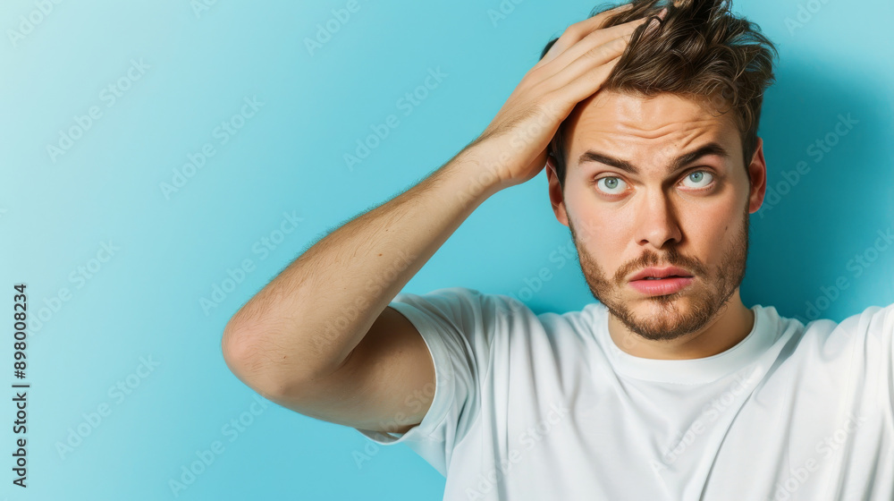 Young man putting his hand on his forehead and have a surprise face isolated on blue background with copy space Young man putting his hand on his forehead and have a surprise face isolated on blue background with copy space