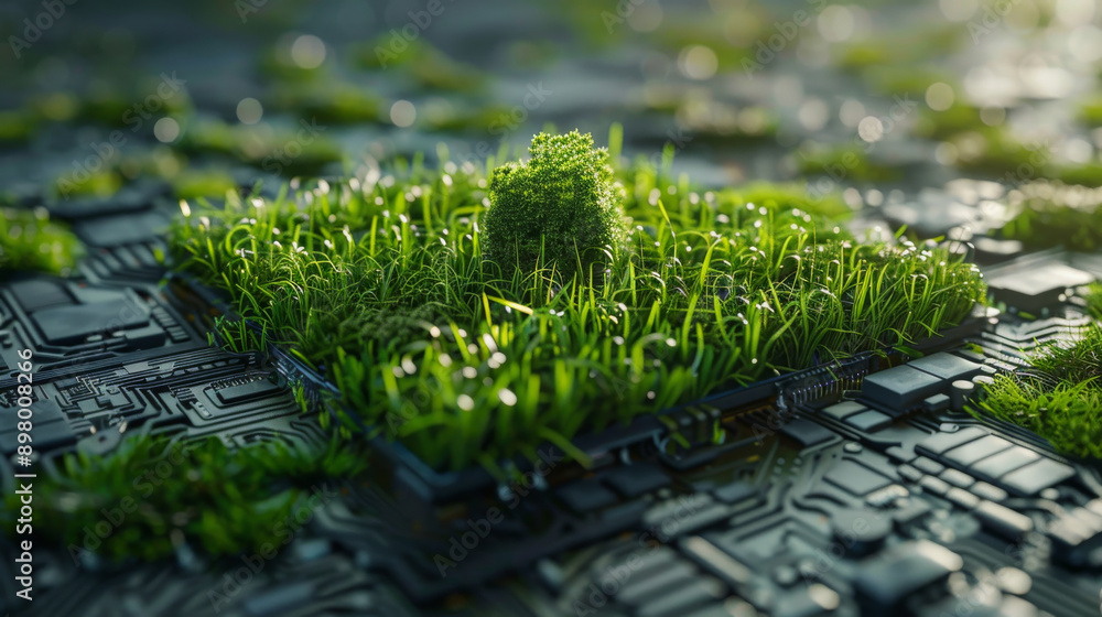 Nature and technology concept illustration with a printed circuit board recovered by green grass , ecology and eco-concept in IT and computer science image Nature and technology concept illustration with a printed circuit board recovered by green grass , ecology and eco-concept in IT and computer science image