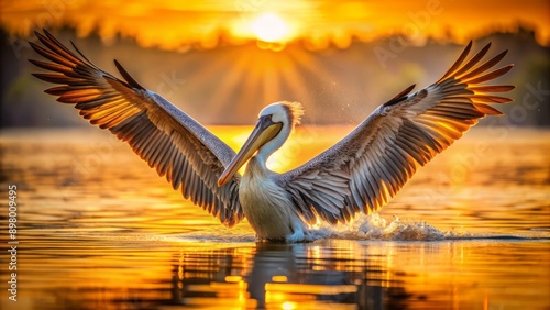 Majestic pelican spreads its enormous wings, capturing the grandeur of nature and wildlife, bathed in warm golden light during the serene golden hour.