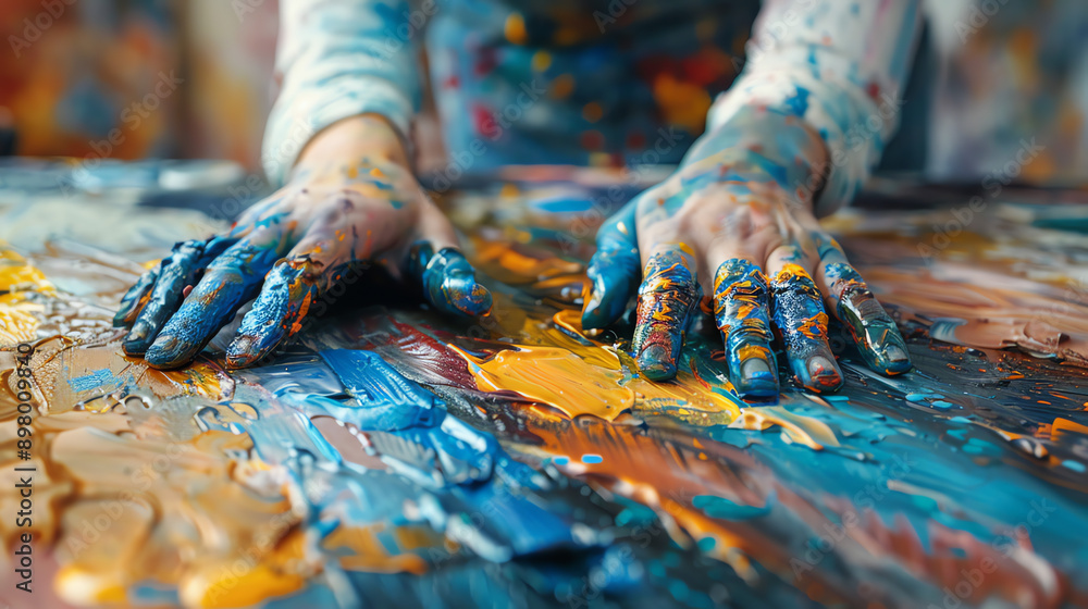 Close Up of Hands Mixing Blue and Yellow Paint Close Up of Hands Mixing Blue and Yellow Paint