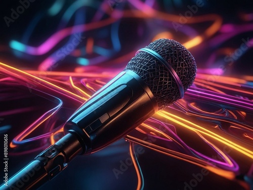 Abstract neon light classic Microphone wallpaper, glowing space background