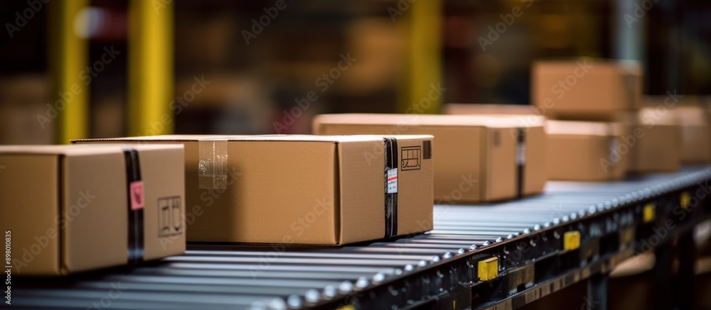 Cardboard Boxes Moving on a Conveyor Belt in a Warehouse Cardboard Boxes Moving on a Conveyor Belt in a Warehouse